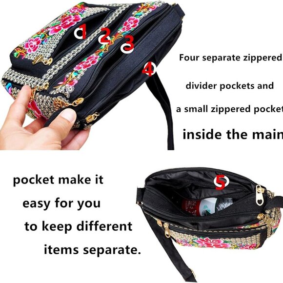 Hobo Crossbody Bag for women, Vintage Ethnic Tribal Embroidered Boho Hippie Tote - Picture 5 of 6